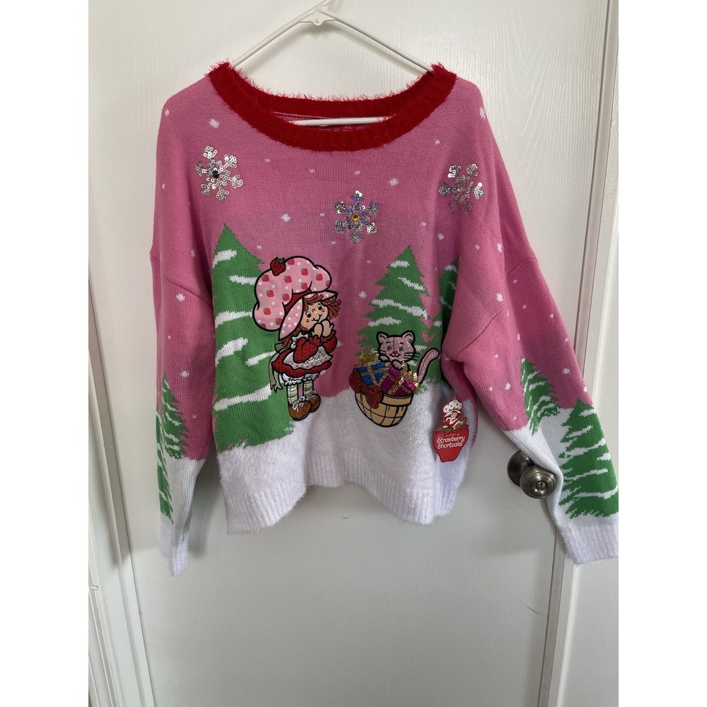 NWT Cute Strawberry Shortcake Sweater XL Pink Sequin Holiday Pullover Soft Girl